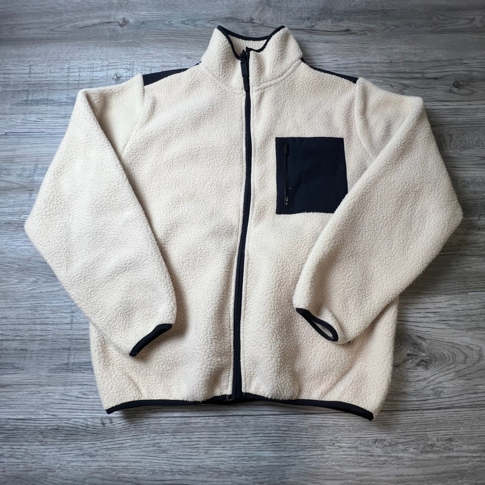 Fabletics Sherpa Fleece Jacket Mens Medium Cream Black Full Zip Mock Neck JT2044